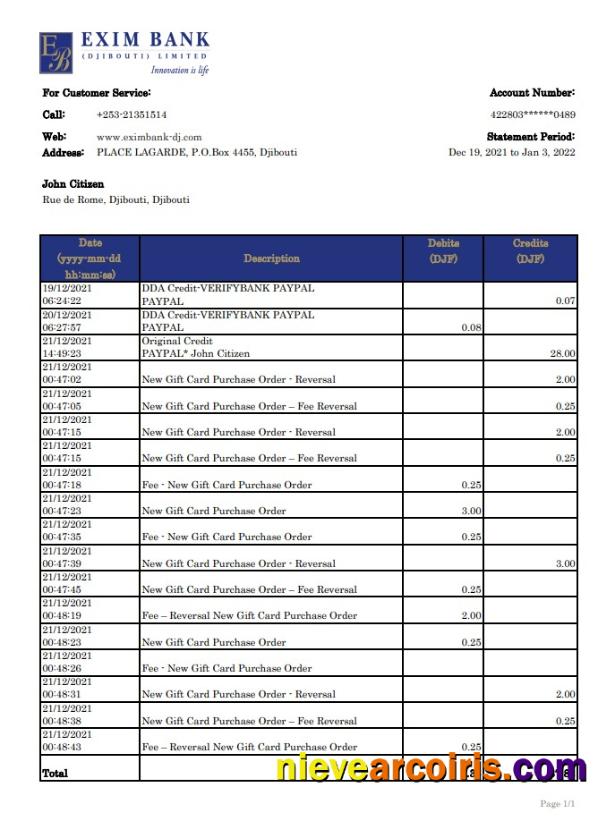 Djibouti Exim Bank statement